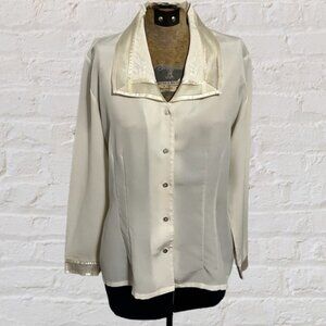 VINTAGE Cream Satin Wide Wing Collar Floral Embroidered Button Up Top Blouse